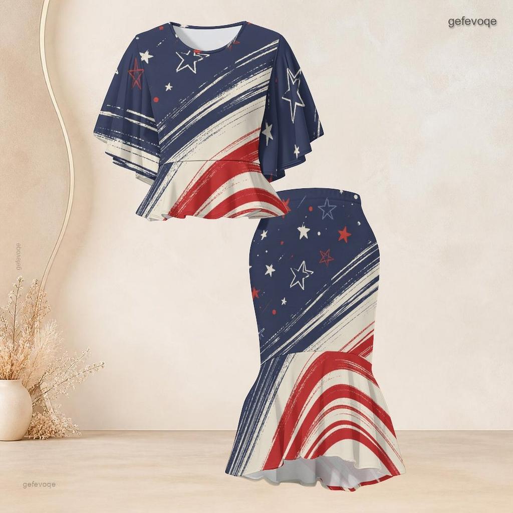 Women Plus Size Round Neck Batwing Sleeve Printed Red Blue White Ruffle Top Fishtail Skirt Two Piece Set