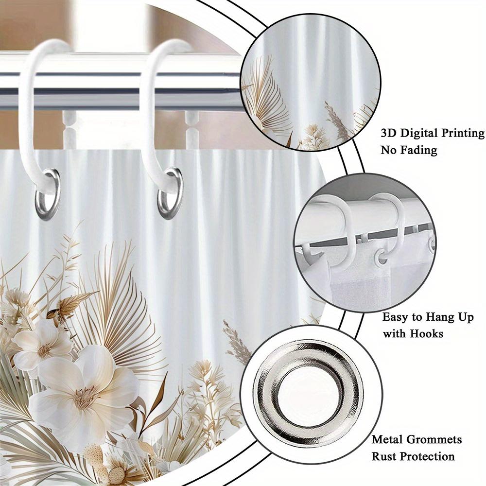 1Pc White Flower And Leaf Pattern Shower Curtain, Polyester Fabric, Machine Washable, Suitable For Bathroom Decoration