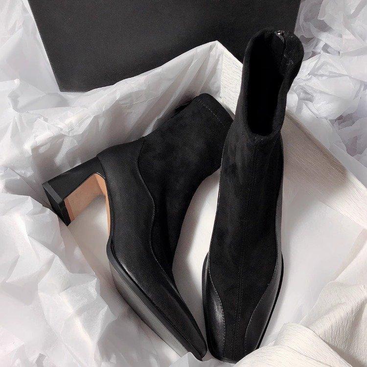

Soft leather version~ thick heel square head splicing elastic thin boots women s 2025 autumn new short tube high heel thin short boots 35