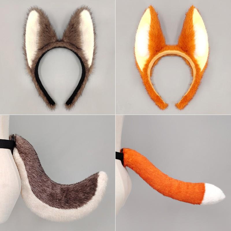 Furry Animal Ear Headband Tail Set Halloween Party Cosplay Costume Accessory Wolf Fox Style