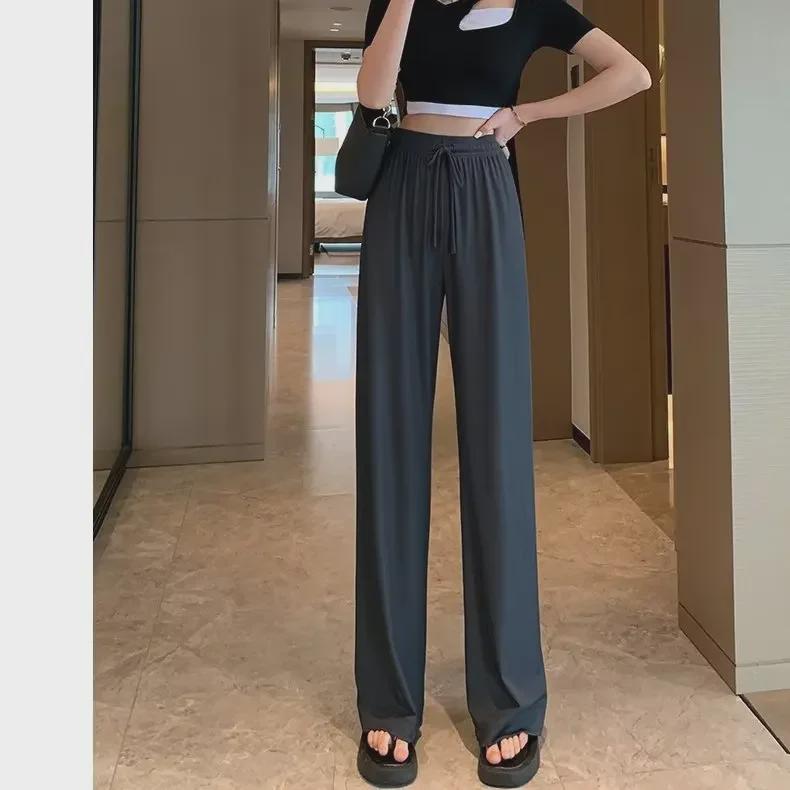 Women's High-Waist Ice Silk Wide-Leg Summer Pants – Lightweight, Loose, Straight, Anti-Mosquito Design.