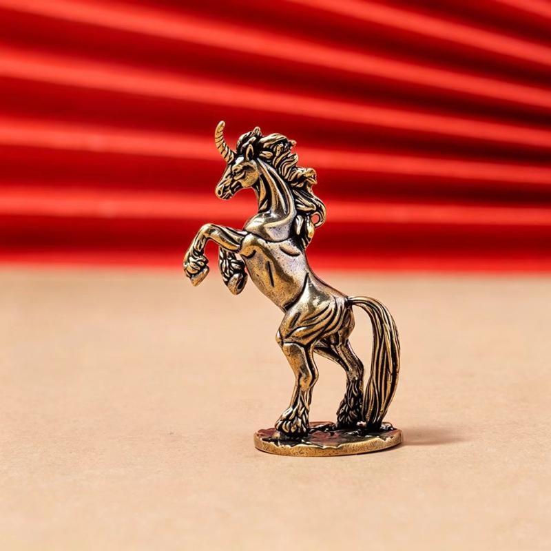 Fantasy Rearing Horse Statue Retro Brass Handcrafted Animal Figurine Miniature Rustic Accent for Living Room Home Decor