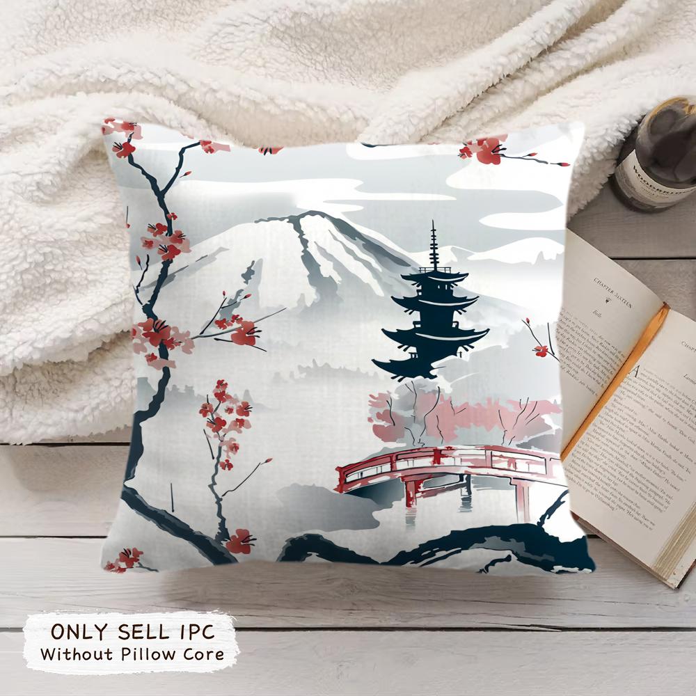 Japanese Pagoda Landscape Cushion Cover Soft Short Plush Pillow Cover Smooth Cozy Texture Aesthetic Cushion Case Home Decor