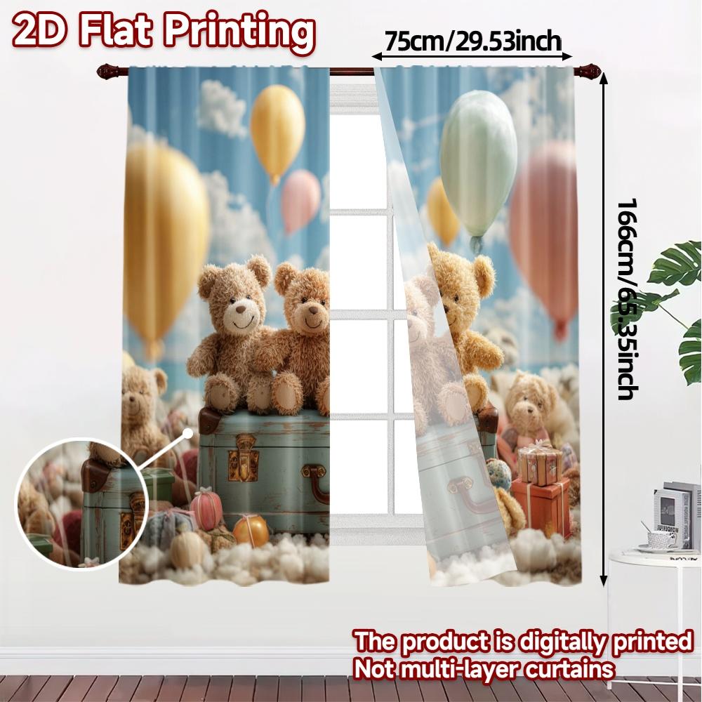 2pcs   2D FLAT PRINTING Curtains (Without Rod) Teddy Trio Chic Curtain Cloth Prints Light Filtering Curtains Thermal Insulation