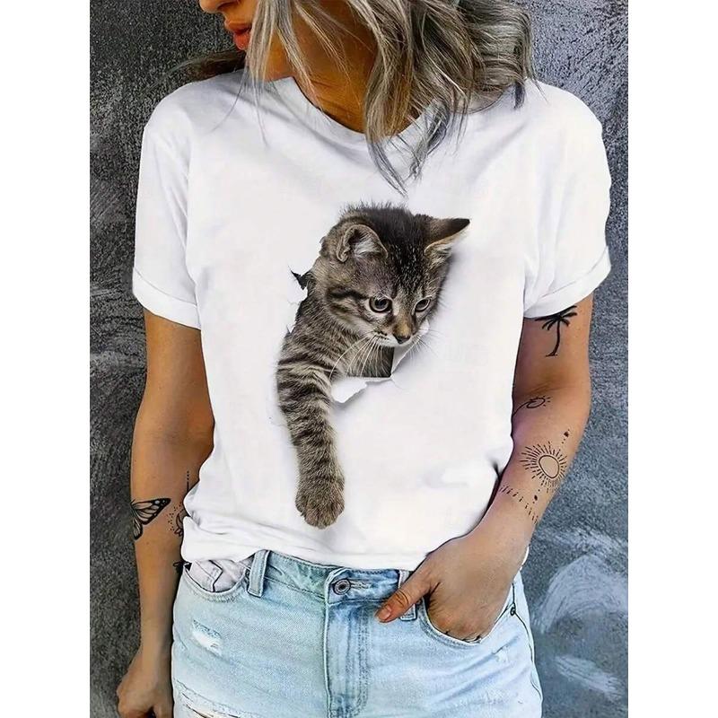 

Women s T Shirt Print Graphic Animal Cat Stylish Classic Casual Short Sleeve Crew Neck Round Neck Long Tops Daily White Brown Summer Spring 5XL