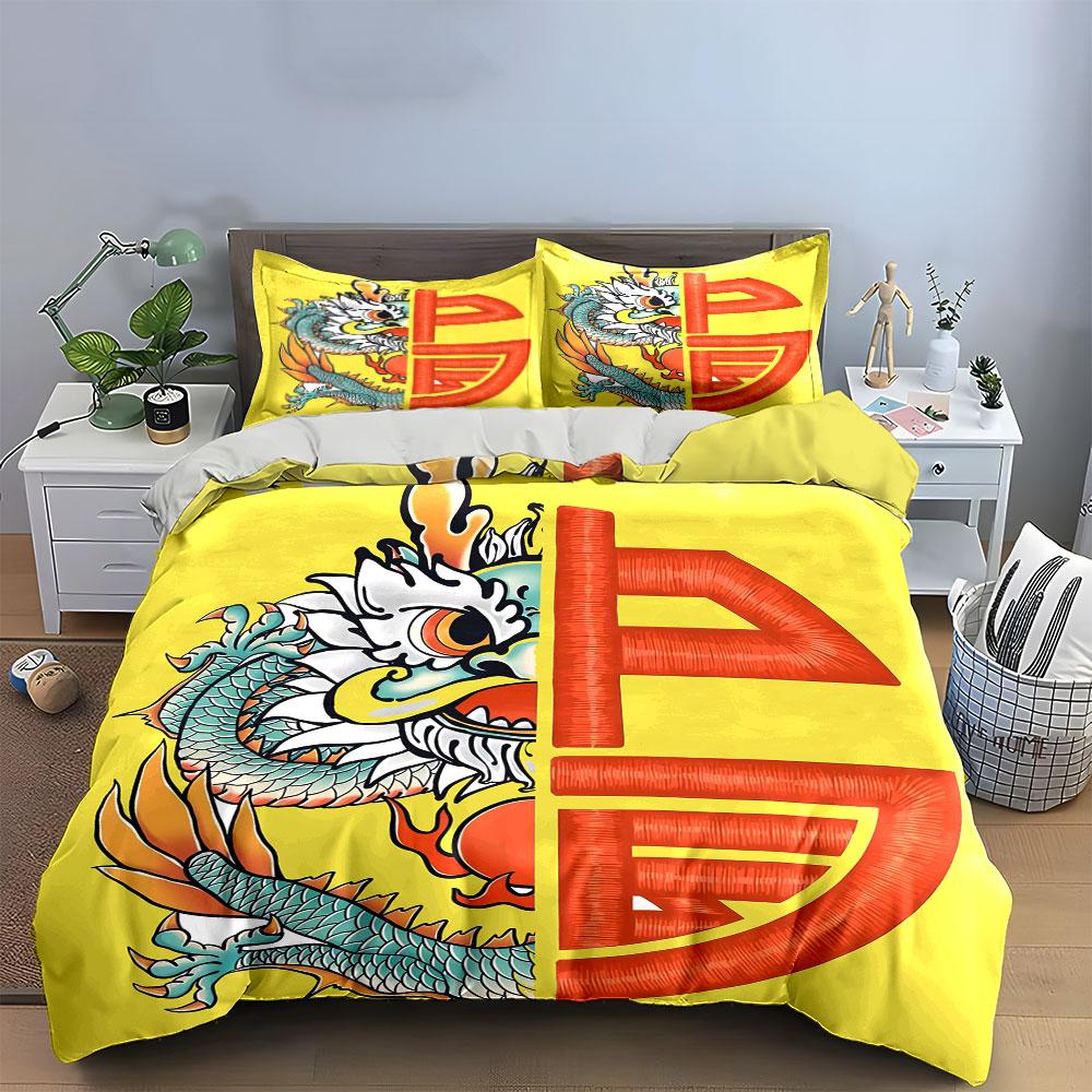 3Pcs Half Dragon Chinese Fu Character Duvet Cover Set, Yellow Base New Year Lucky Bedding Single Double King Queen, Gift
