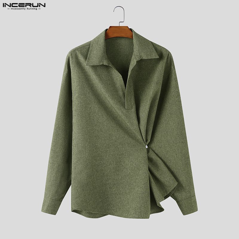 INCERUN Oversized Men Lapel Neck Long Sleeve Side Button Irregular Casual Shirts