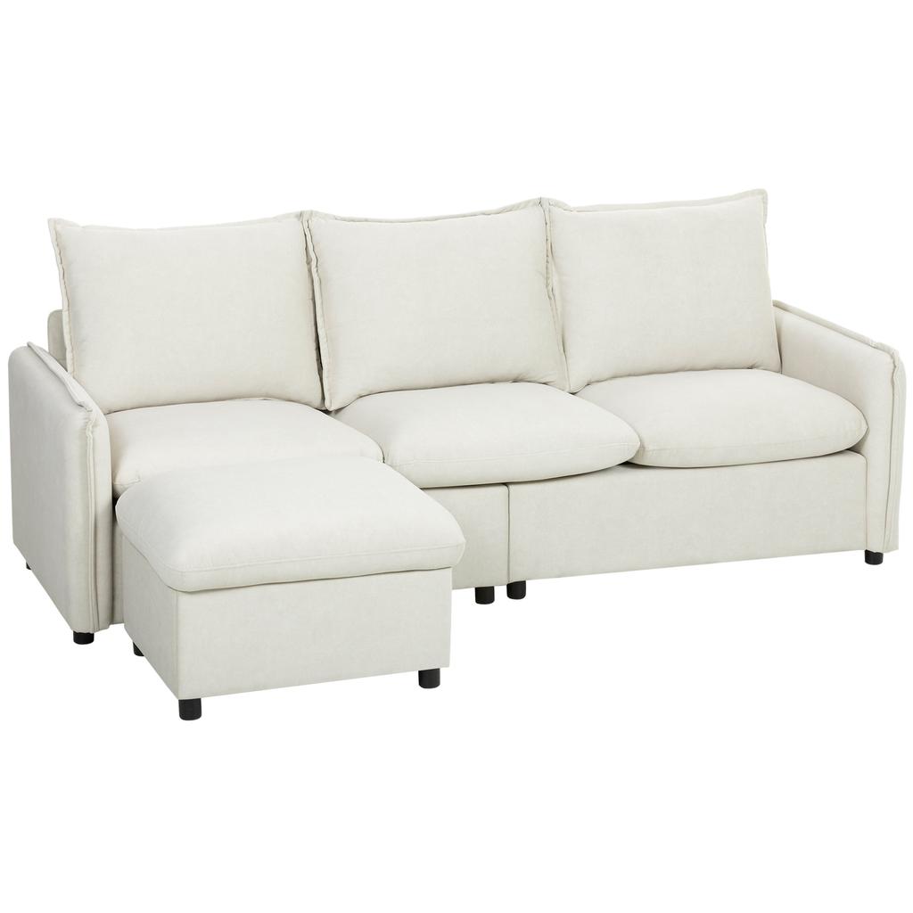 3-Seater Modular Corner Sofa In Breathable Leather-Effect Fabric with Footstool Storage, Cushions, Cream