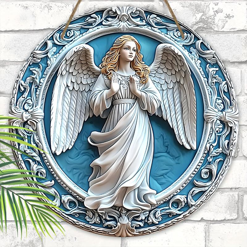 Holy Angel Wooden Sign - Beautiful Angel Round Artwork for Front Door Wall Home Hanging Decoration