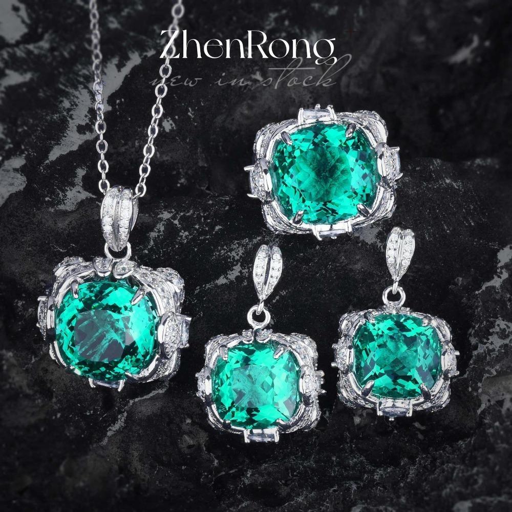 Luxury Women Jewelry Set Blue Topaz Pendant Paraiba Ring Large Square Earrings Green Diamond Suite Gift