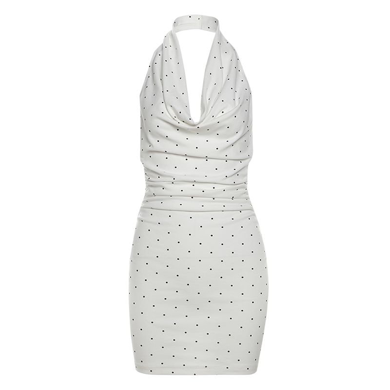 

# Sisjuly# Special-Interest Design Polka Dot Pattern Cut Out Silm Swing Collar Halterneck Dress Female Sexy Skirt White S