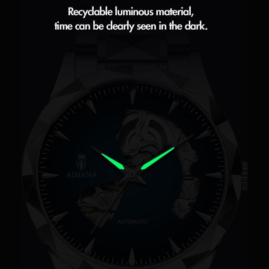 Men Business Automatic Mechanical Wrist Watch Hollow Skeleton Dial Steel Band Watch Luminous Hands Waterproof