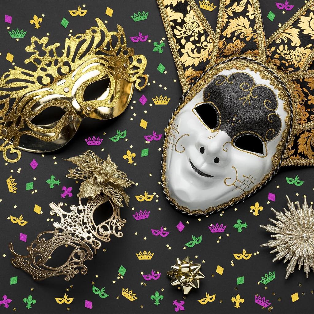 200 Pieces Mardi Gras Confetti for Table Decorations, Fat Tuesday Confetti Decorations Glitter Green Purple Paper Confetti Eyeglass Crown Table