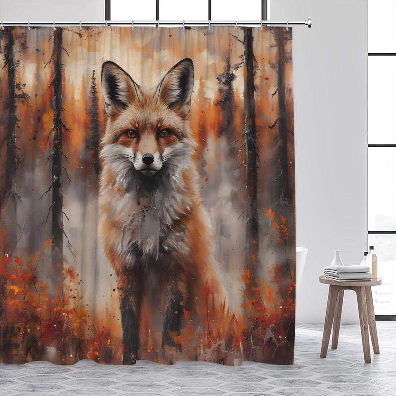 Funny Fox Shower Curtain Autumn Forest Maple Leaves Animal Fall Art Scenery Bath Curtains Fabric Home Bathroom Decor with Hooks