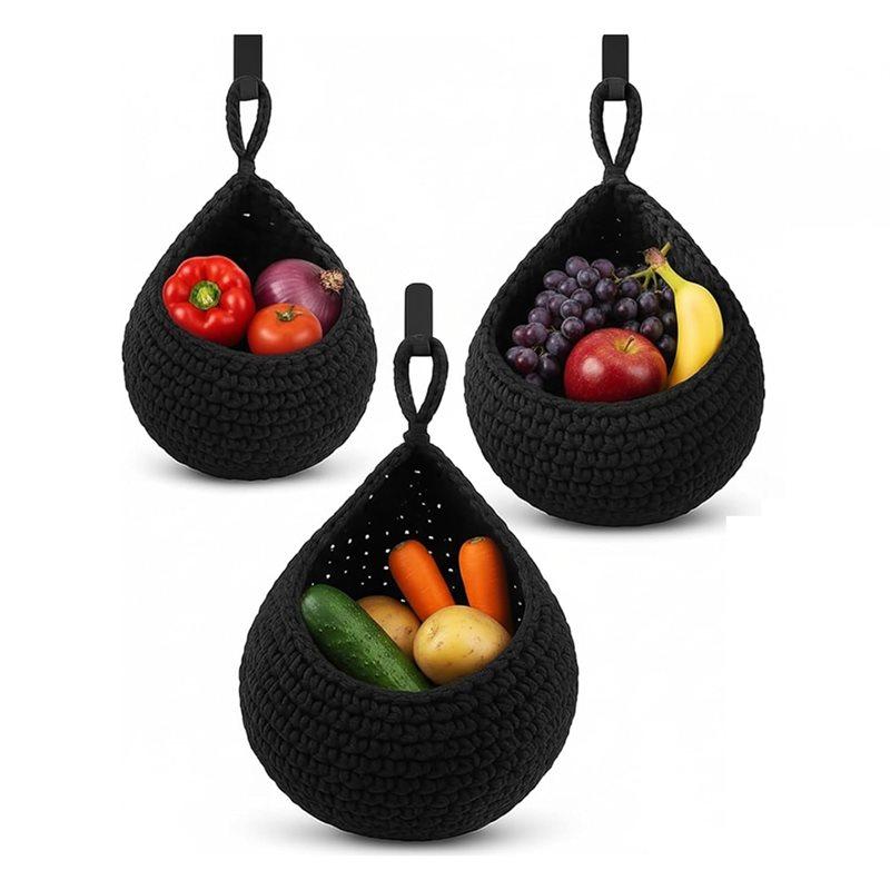 

For Kitchen Boho Decor Hanging Wall Baskets Set- Teardrop Design 3 Pcs Fruit Veggies Onions Potatoes Storage Baskets With Hooks чёрный