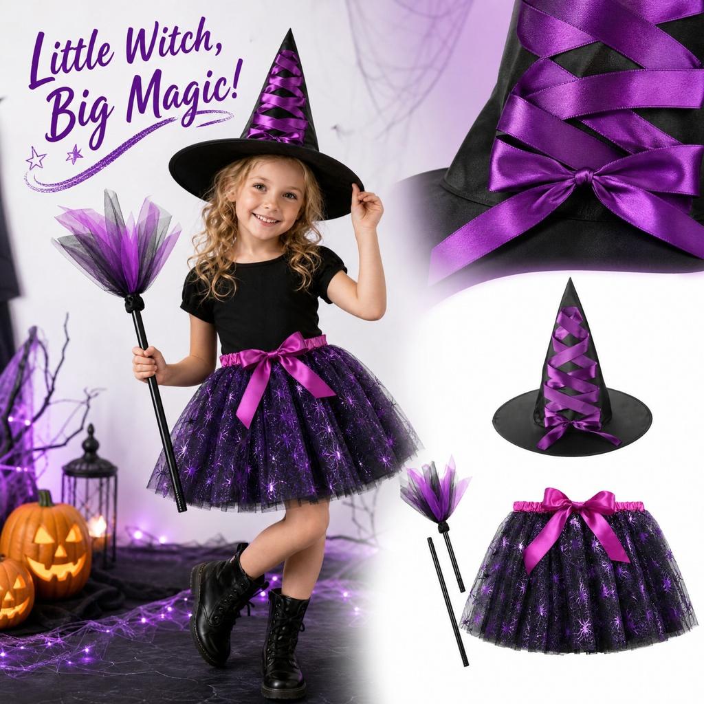 Girls Halloween Costume Set 3-Piece Dress with Pumpkin and Print Mesh, Witch Hat and for Dress-Up Party