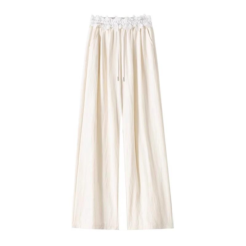 Women's 2025 Summer Lace Patchwork Ice Silk Wide-Leg High-Waist Pants
