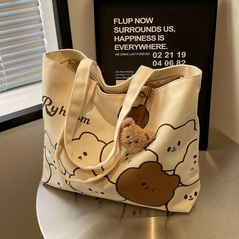 Casual Large Capacity Cartoon Bear Canvas Tote Bag For Women Perfect For College Use