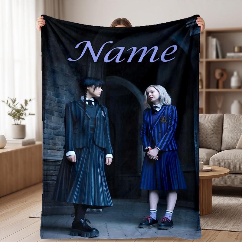 Wednesday (5) Custom Name Flannel Blanket Soft Cozy Blanket for Sofa Bed Couch Travel Home Decor Gift