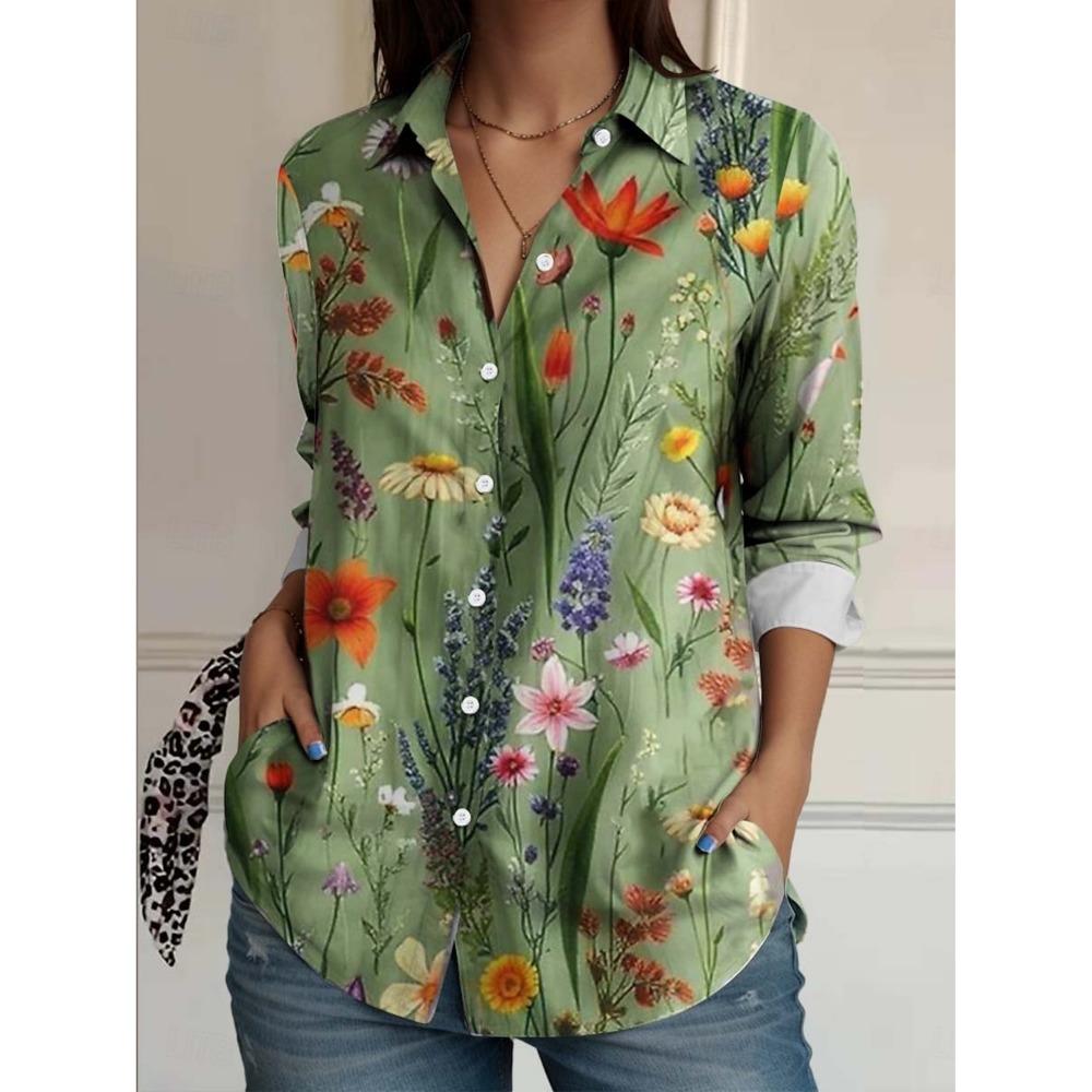Women's Shirt Floral Active Stylish Buttons Blouse Lapel Neck Blouse Womens Long Sleeve Shirt Womens Clothing