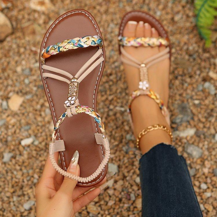 Large size bohemian beach round head flat bottom one-word sandals summer new women's shoes
