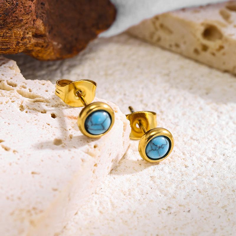 European & American Retro Turquoise Jewelry Set: Clavicle Chain, Round Stud Earrings, Bracelet, Necklace – Stainless Steel for Women