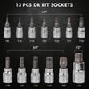 13pcs Torx Sockets Star Socket Kit Hex Socket CRV Sockets 1/4inch,3/8inch & 1/2inch Drive For Hand Use Work T8-T70 H2-H14