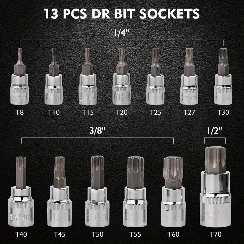 13pcs Torx Sockets Star Socket Kit Hex Socket CRV Sockets 1/4inch,3/8inch & 1/2inch Drive For Hand Use Work T8-T70 H2-H14