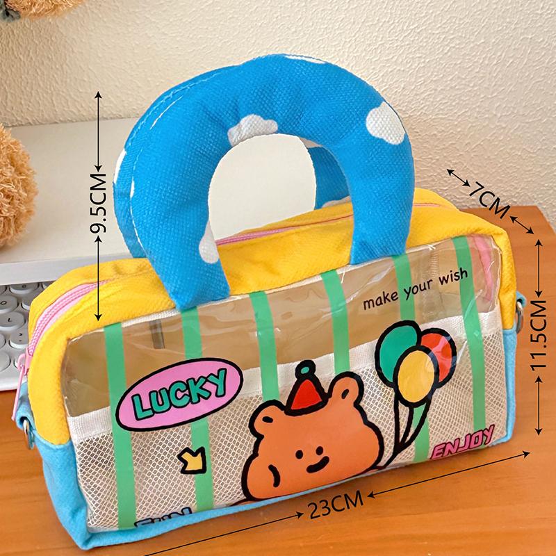 

Cute Cartoon Pencil Case Student Large Capacity Pen Bag With Handle Transparent Stationery Organizer Multifunctional Storage Bag