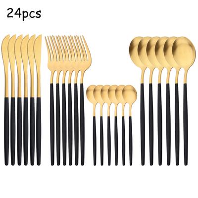 Σετ Μαχαιροπίρουνων 24 Τεμαχίων Μαύρο Χρυσό Ματ Επιτραπέζια Σκεύη Δυτικά Μαχαιροπίρουνα Μαχαίρι Πιρούνι Κουταλάκια Τσαγιού Ανοξείδωτο Ατσάλι Ασημικά Κουζινικά Επιτραπέζια Σκεύη Σετ