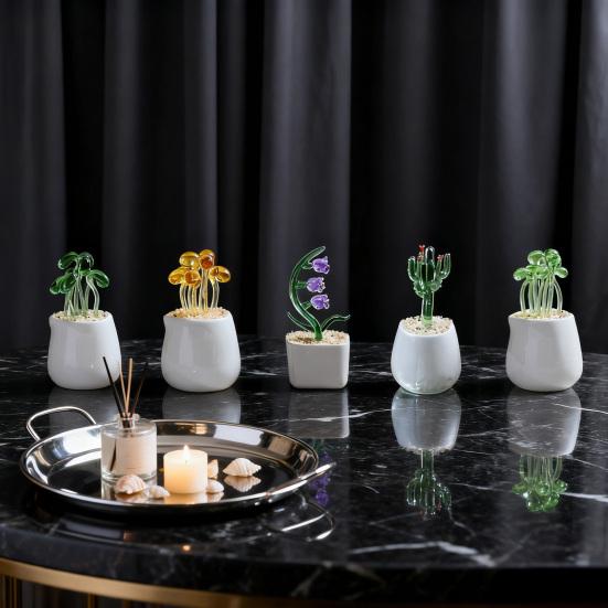 Handmade Glass Potted Plants Ornament Hand-Blown Glass Cactus Bean Sprout Floral Art Figurine Home Office Desktop Decoration