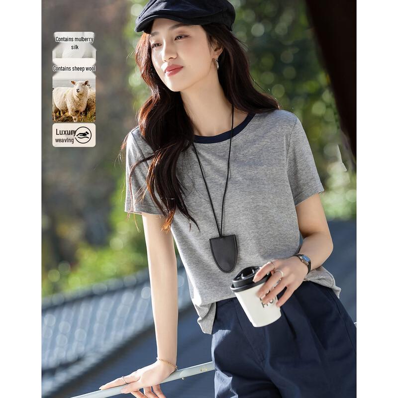 Demana Women s Lyocell-Wool Blend Color Block Round Neck T-Shirt S