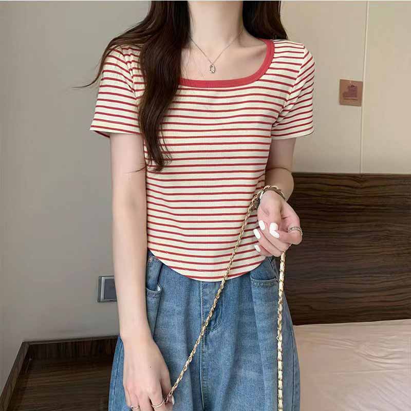 Tricou cu mânecă scurtă coreeană cu decolteu în U Cămașă ocazională de modă Topuri Tricou pentru femei Tricou cu dungi de culoare solidă