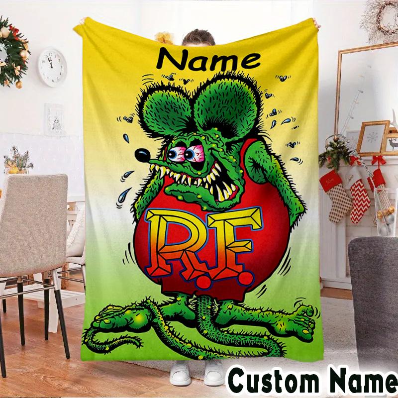 Custom Name Rat Fink Throws Blanket Flannel Blankets for Couch Bed Gifts for Men Women Picnic Blanket Christmas Fan Gifts