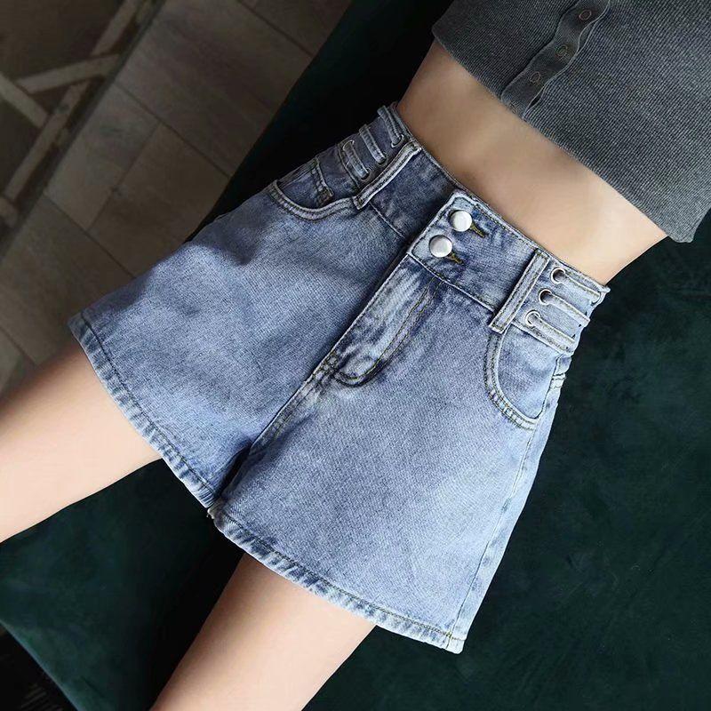 WTEMPO High Waist Denim Shorts Women Loose Spring and Summer Wide Leg A-line Thin Curled Bottom Casual Shorts