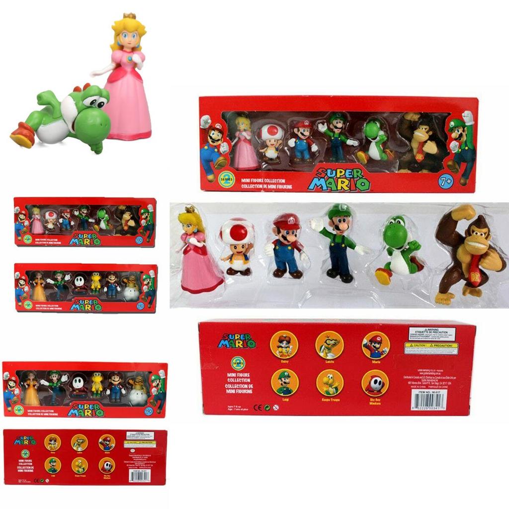 Sześcioelementowy zestaw figurek akcji Super Mario Bros z Luigi, Yoshi i grzybami kolekcjonerskimi dla dzieci