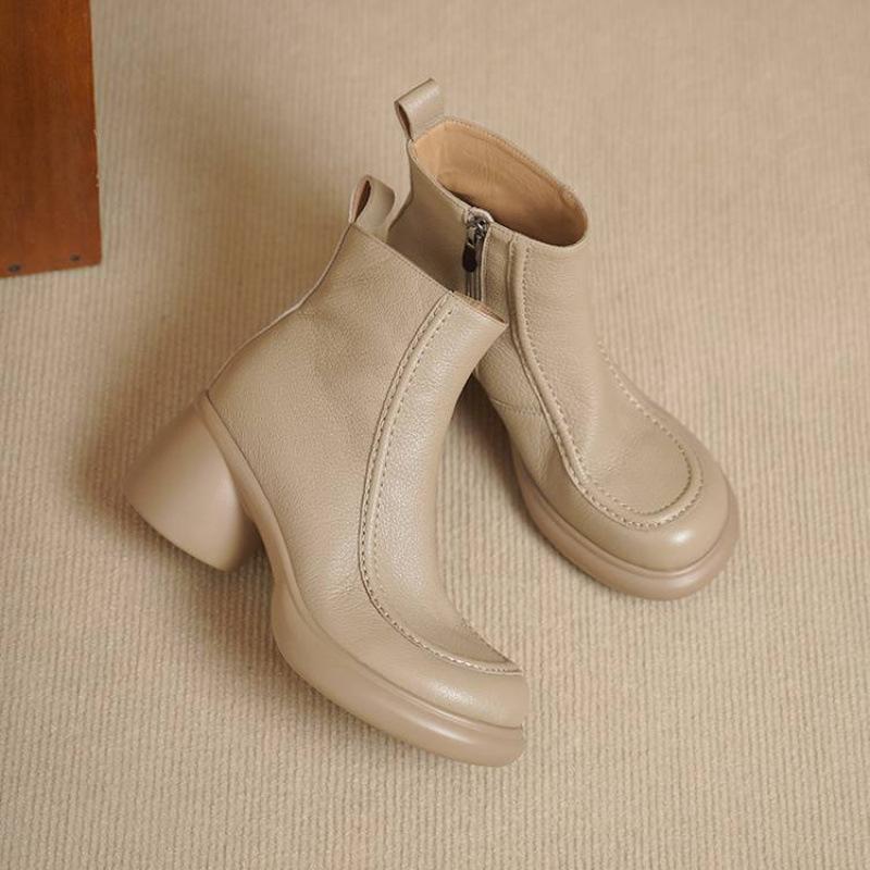 

Autumn and winter round head large size women s boots side zipper fashion boots middle heel women s leather boots thick sole non-slip leather low boot 40