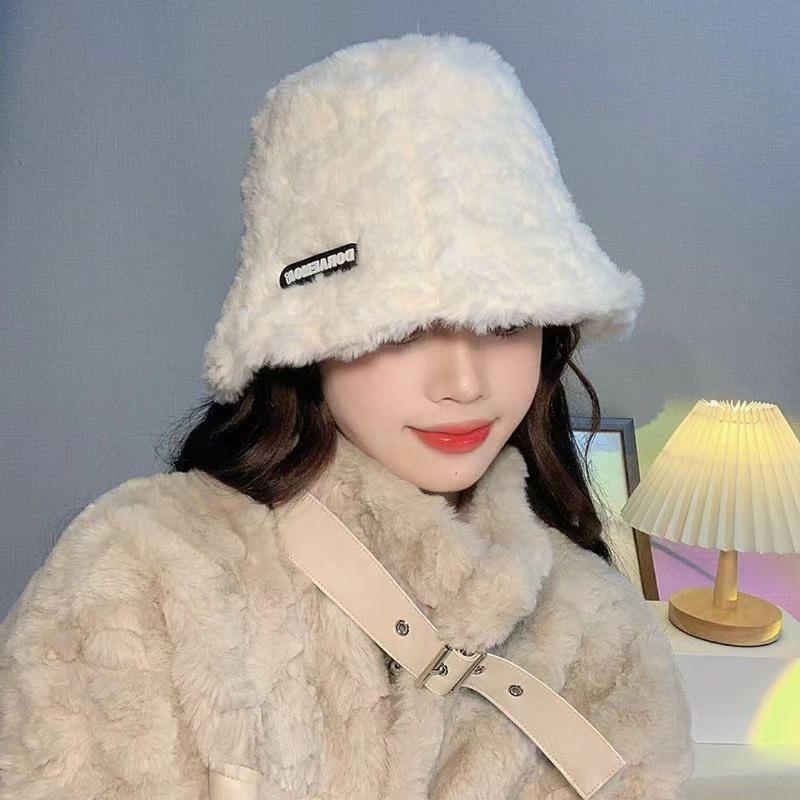 

White fluffy fisherman hat children autumn and winter new velvet warm versatile plain bucket basin hat tide M（56-58cm）