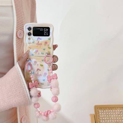 Für Samsung Galaxy Z Flip4 5G Hülle IMD Mädchen Blumenmuster TPU Handyhülle mit Perlen Handschlaufe