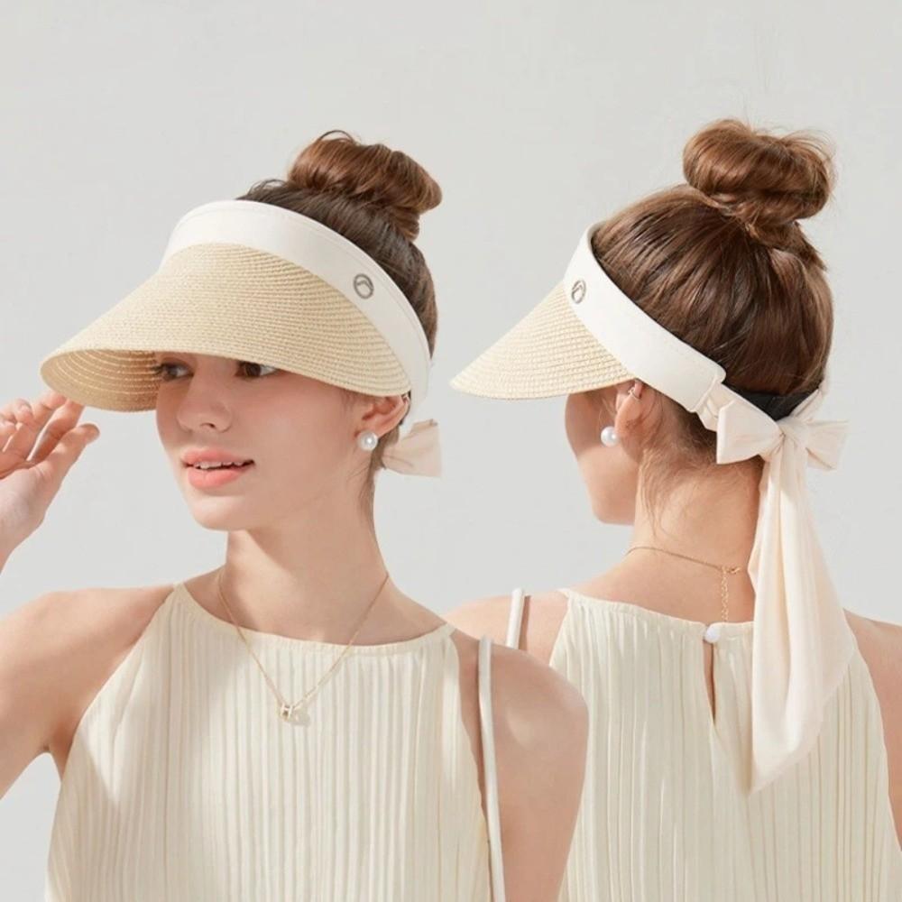 Ribbon Strap Straw Beach Hat Breathable Visor Hat Fashion Empty Top Hat  Summer