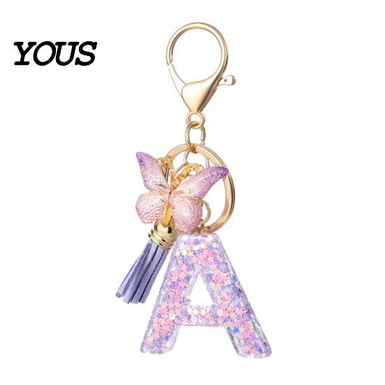 Key Holder For Backpack Purple Series Keychain Pendant, Sequins Star Initial Letter Charm Chain with Butterfly Tassel Design, A-Z for Bag