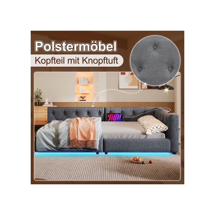 Sofa rozkładana, Kanapa dzienna, Kanapa dzienna, 90x200cm, Sofa rozkładana ze stelażem listwowym (bez materaca) szary