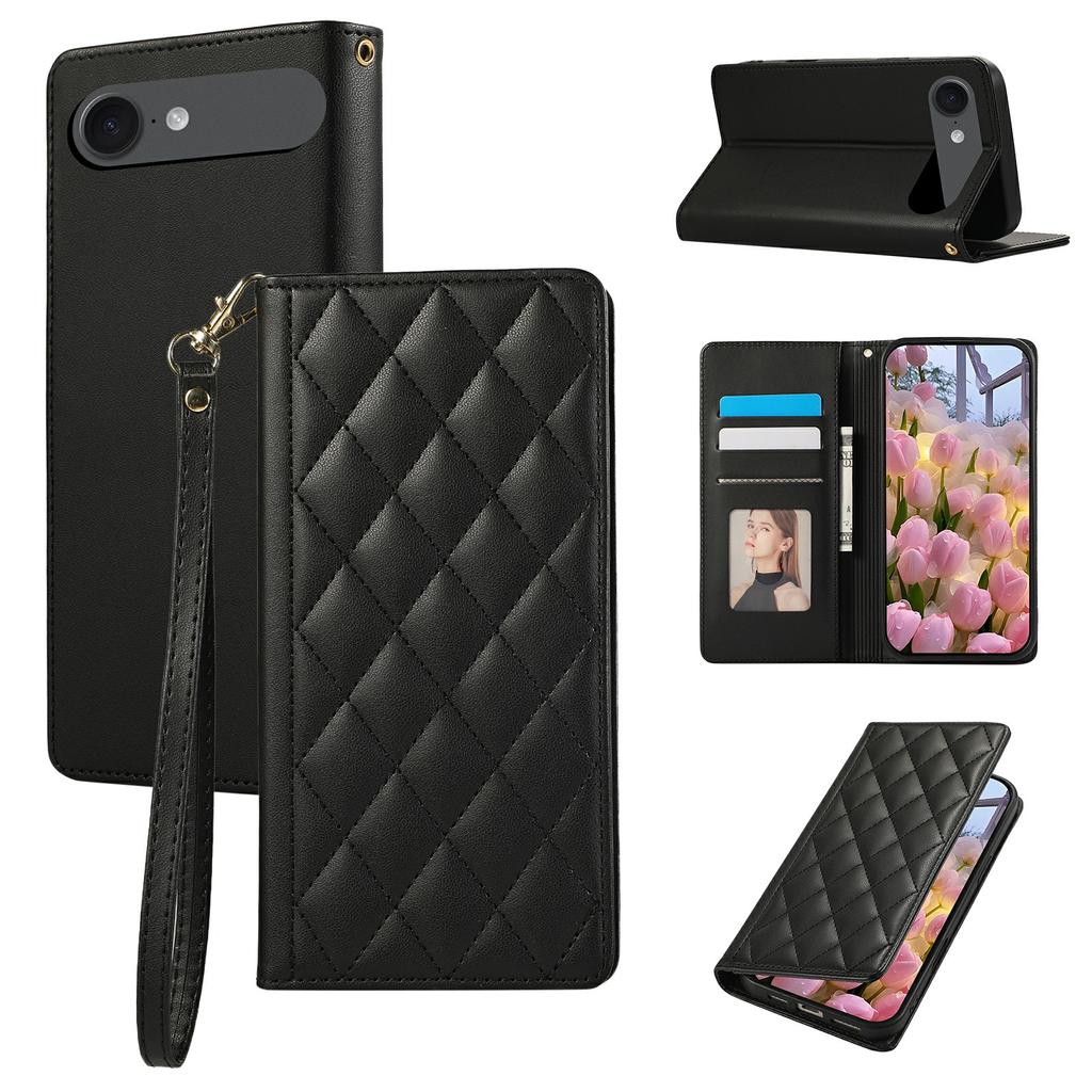 For iPhone 17 Air Case RFID Blocking Wallet Stand Rhombus Leather Phone Cover with Wrist Strap