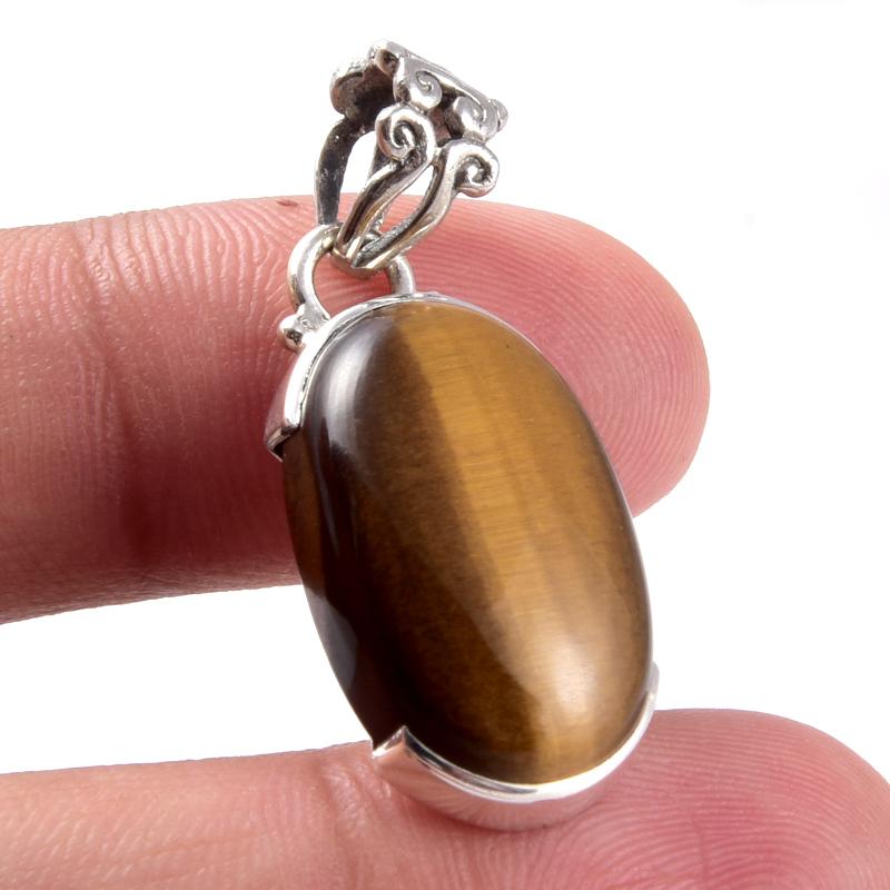 Natural Tiger's Eye Gemstone 925 Solid Sterling Silver Jewelry Pendant 1.3" i0S77