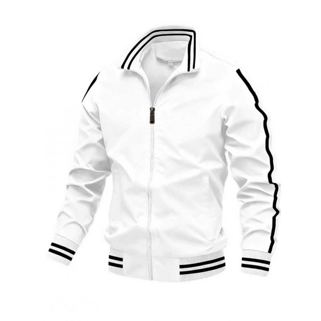 

Striped Decorated Stand-up Collar Zipper Jacket Top, Sporty Design, Fitted Fit, Men s Daily Casual Streetwear Outerwear XL білий