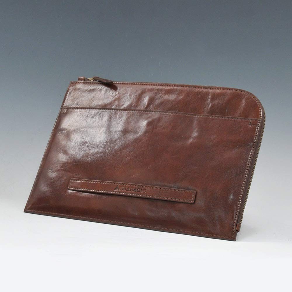 San Giorgio Leather Clutch Glossy Brown with Handle One Size [Triangolo] [Outlet Item] - Italian-made Bag, Leather, Strap, Men's,