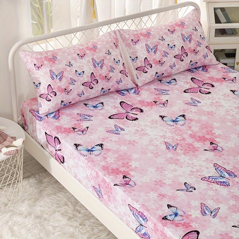 Soft And Breathable Butterfly Fitted Sheet Set Fashion Non-Slip Mattress Protector For Bedroom Guest Room School Dorm Decor
