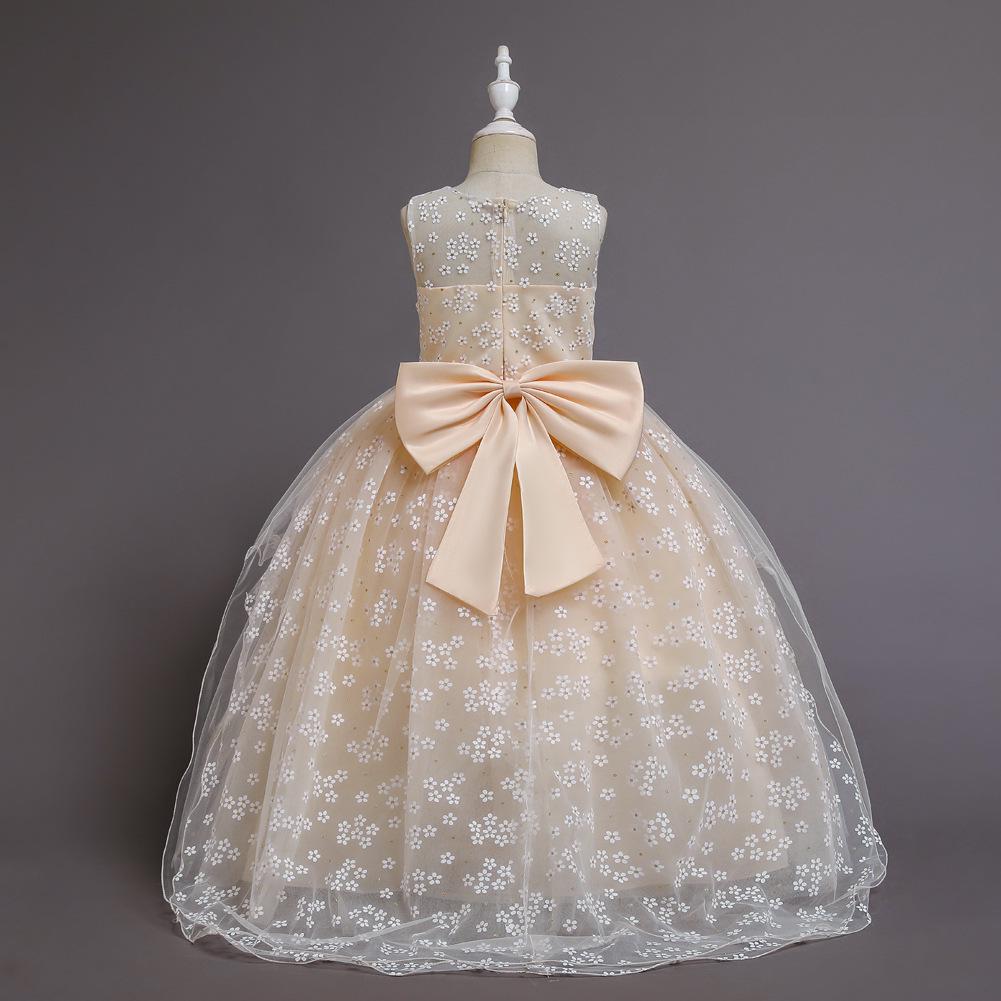 European & American Girls' Lace Flower Princess Dress with Bow & Small Train