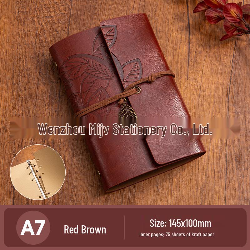 Retro A6 Leather Cover Notebook: Japanese Korean Style Planner & Travel Diary with Leaf Design and Strap.