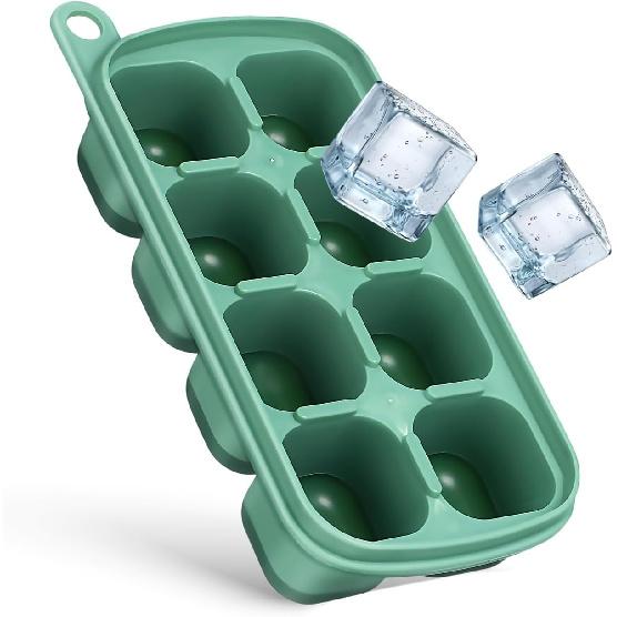 PRETYZOOM Silicone Ice Cube Tray with Lid, Easy Release Freezer Tray for Ice and Food Storage, 8-Cube Green Mold for Freezing Drinks, Juices, and